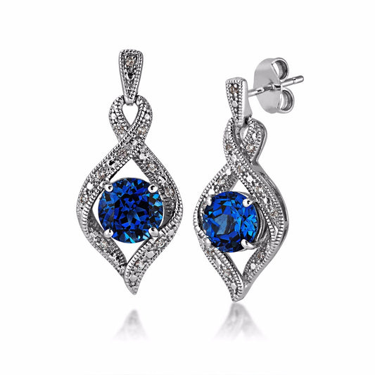 Created Round Blue & White Sapphire Fashion Dangle Earrings in Sterling Silver