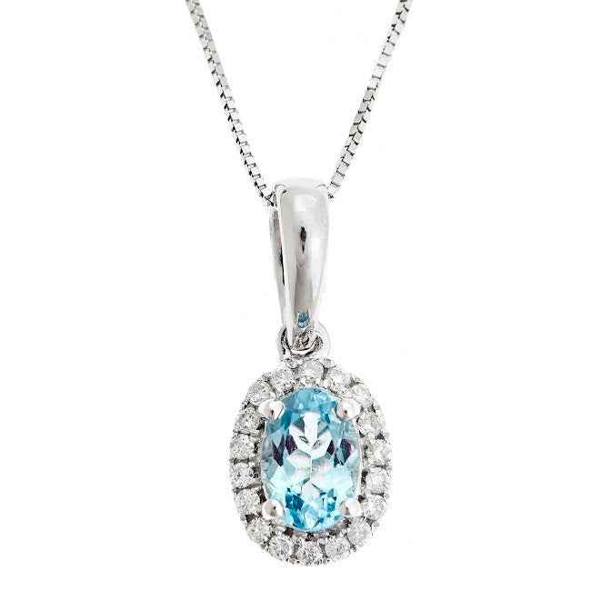 Genuine Oval Aquamarine and 1/10 ct. tw. Round Diamond Halo Pendant in 10K White Gold