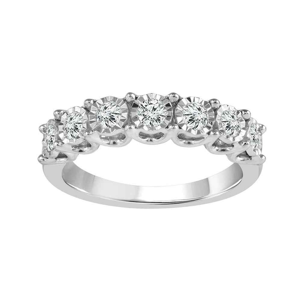 1/2 ct. tw. Round Diamond Anniversary Ring with Split Shank and Miracle Plated Halos in 10K White Gold