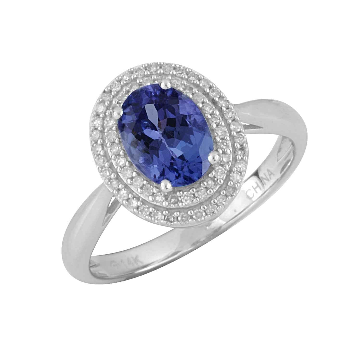 Genuine Oval Tanzanite Fashion Ring with 1/5 ct. tw. Double Diamond Halo in 10K White Gold
