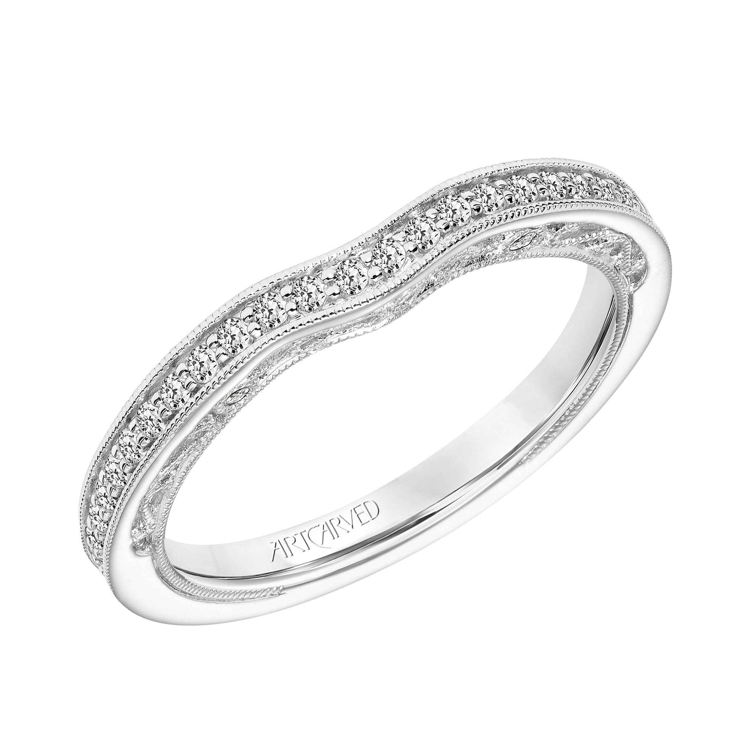 ArtCarved Vintage 1/3 ct. tw. Diamond Wedding Band with Milgrain Side Edging and Filigree Design in 14K White Gold front view