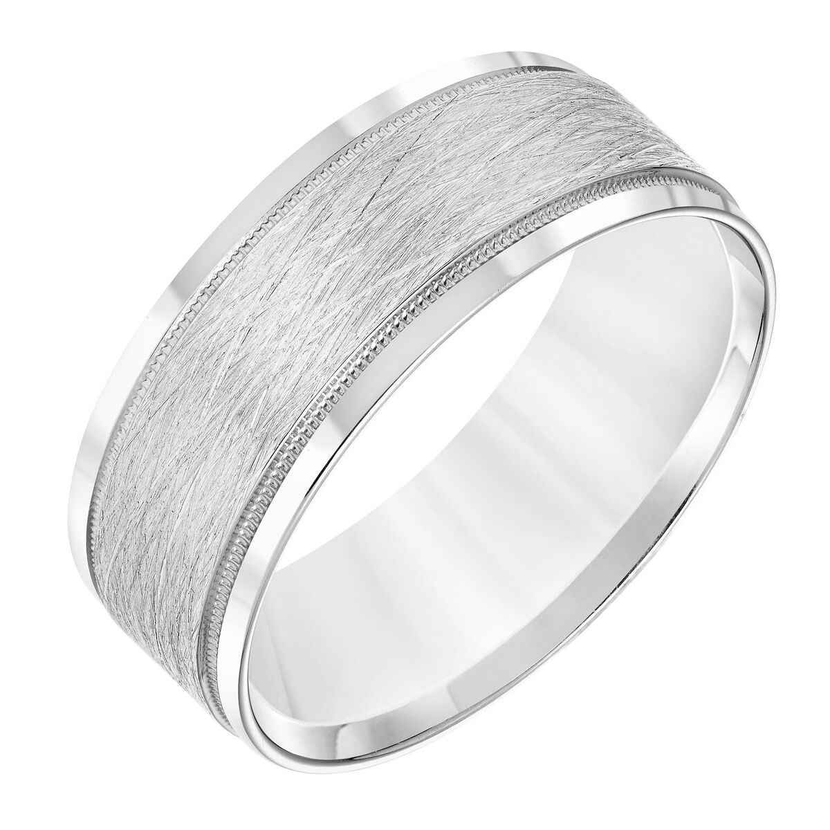 Men's 8MM Carved Wire Detail Center Wedding Band with Stamped Edging in 14K White Gold front view