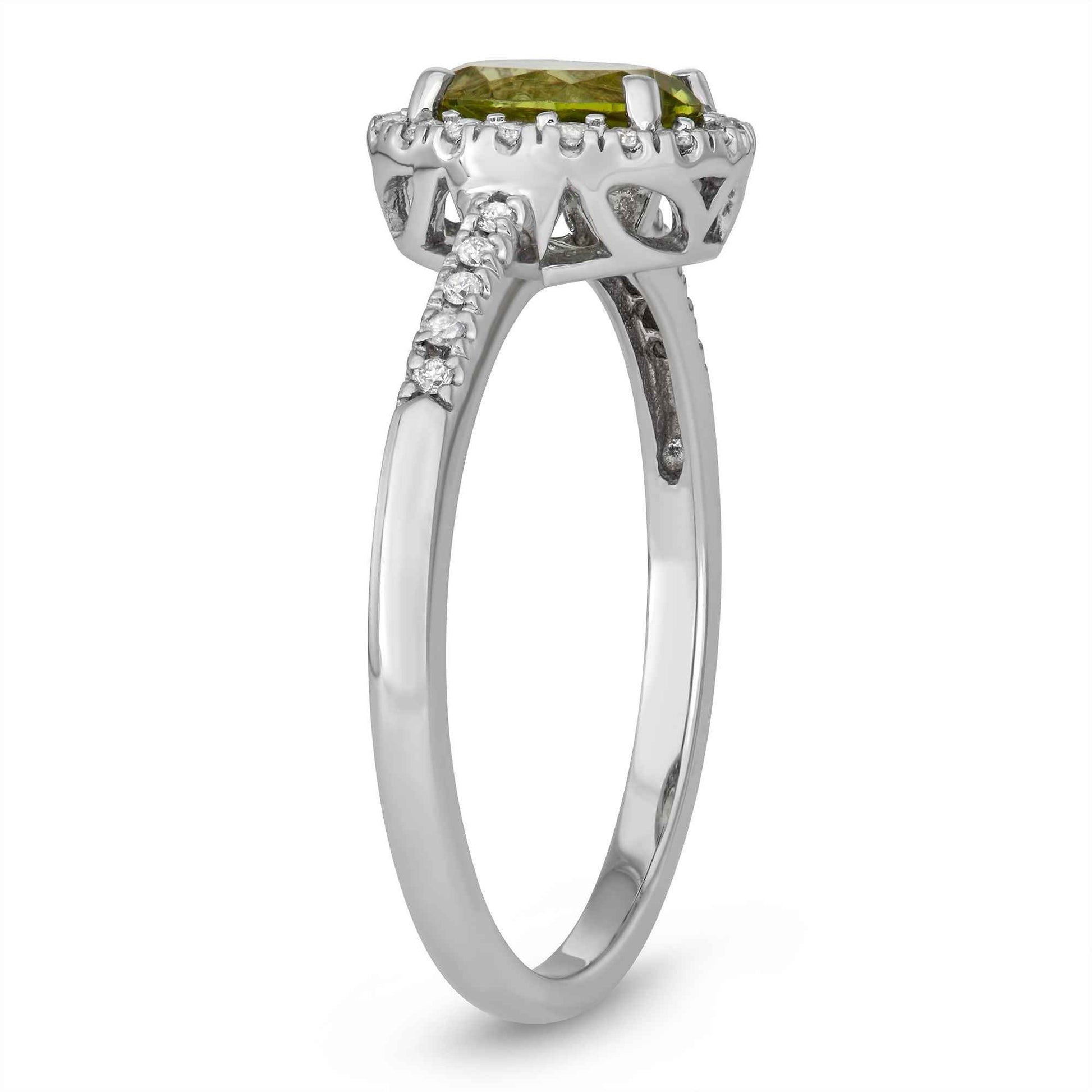 Genuine Oval Peridot Fashion Ring with 1/8 ct .tw. Diamond Halo & Band in 10K White Gold front view