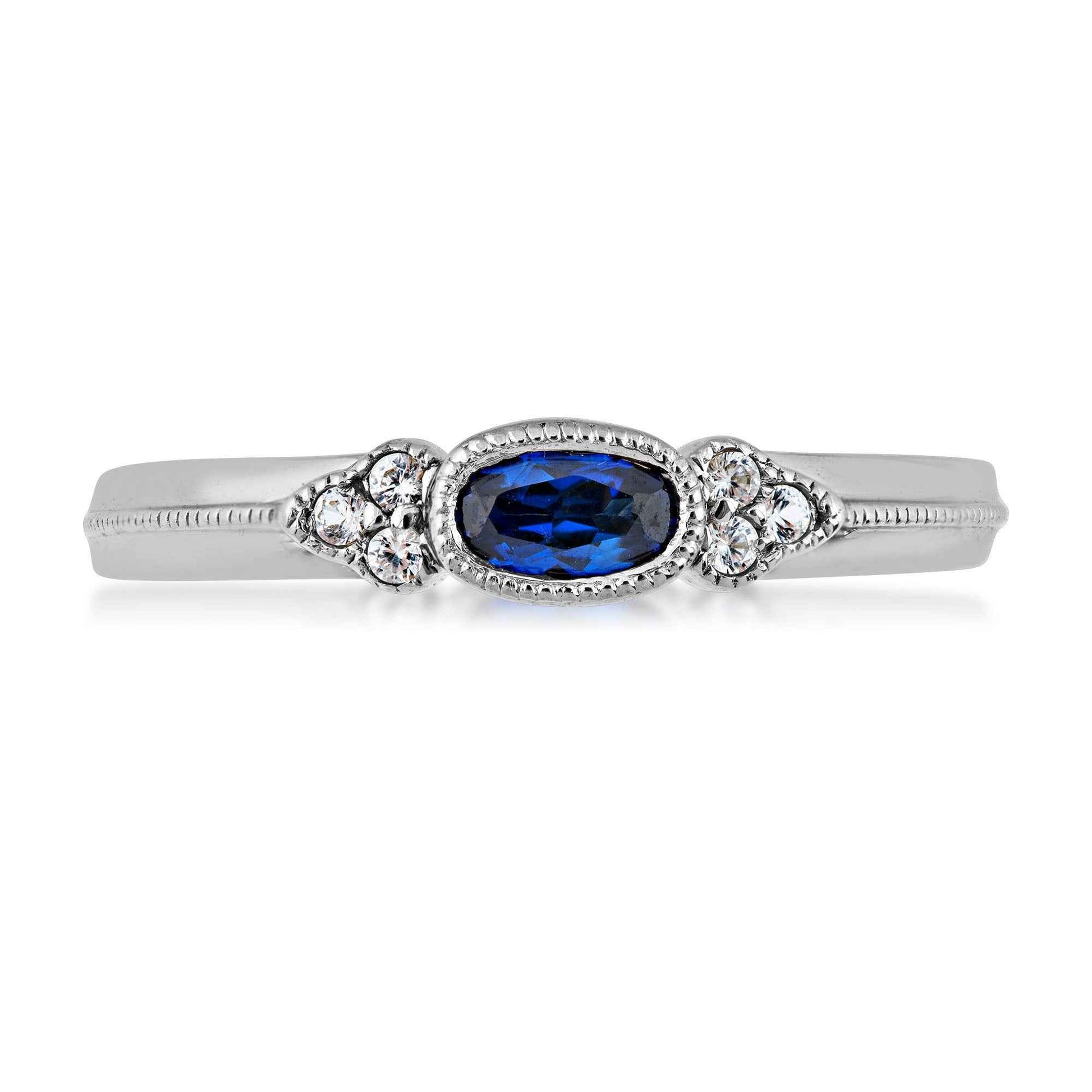 Created Blue & White Sapphire Stackable Ring with Milgrain Halo in Sterling Silver front view