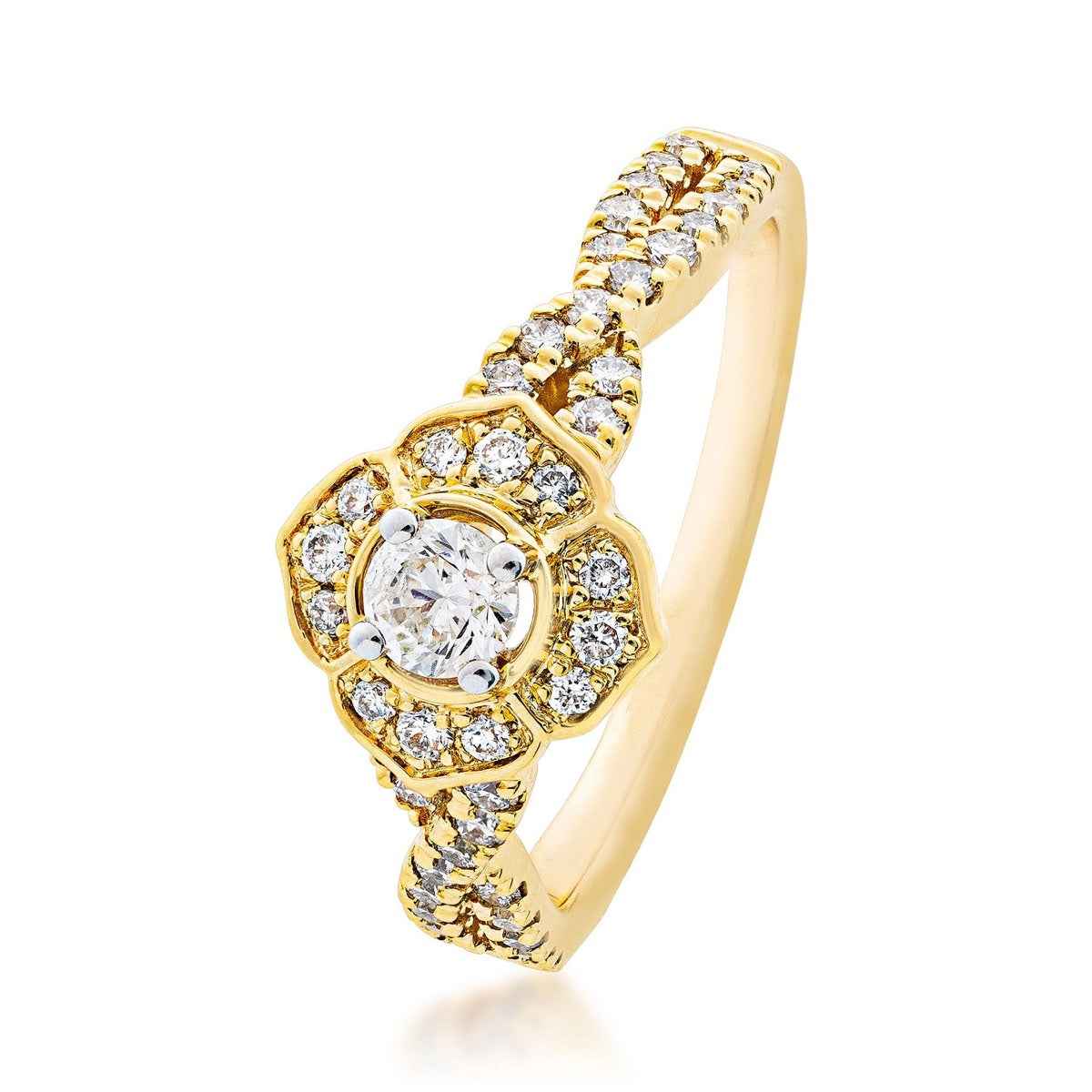 Elegance 5/8 ct. tw. Round Brilliant Engagement Ring with Floral-Inspired Halo & Infinity Band in 14K Yellow Gold front view