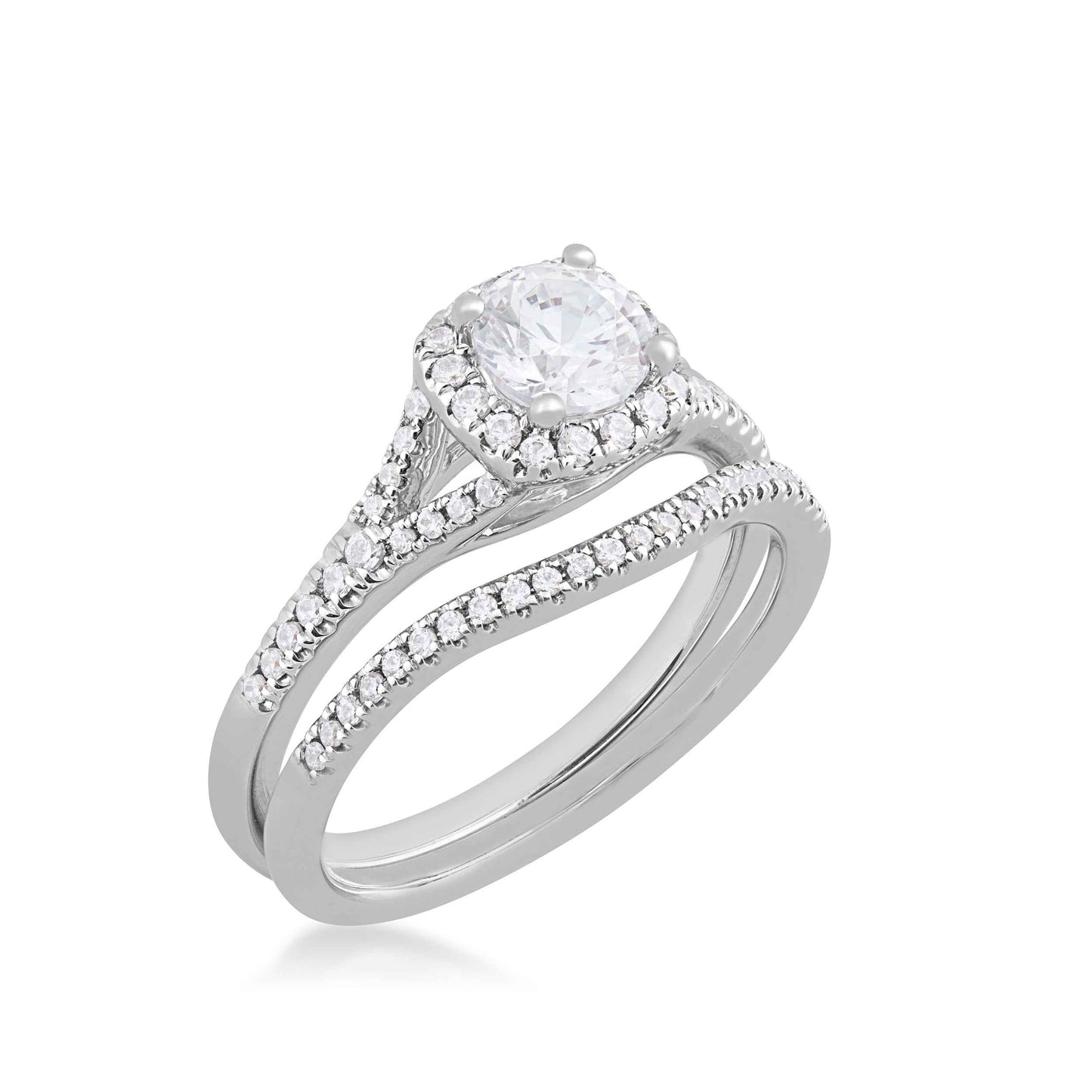 Natural 1-1/10 ct. tw. Round Diamond Halo Split Shank Wedding Set in 14K White Gold close-up detail