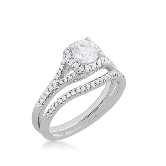 Natural 1-1/10 ct. tw. Round Diamond Halo Split Shank Wedding Set in 14K White Gold close-up detail