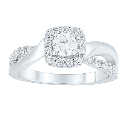 Natural 3/4 ct. tw. Round Brilliant Diamond Halo Twist Engagement Ring in 14K White Gold