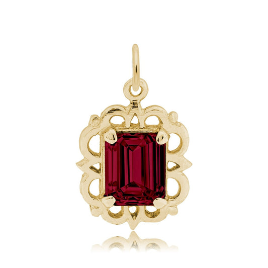 Emerald Cut Red CZ January Birthstone Charm in 14K Yellow Gold