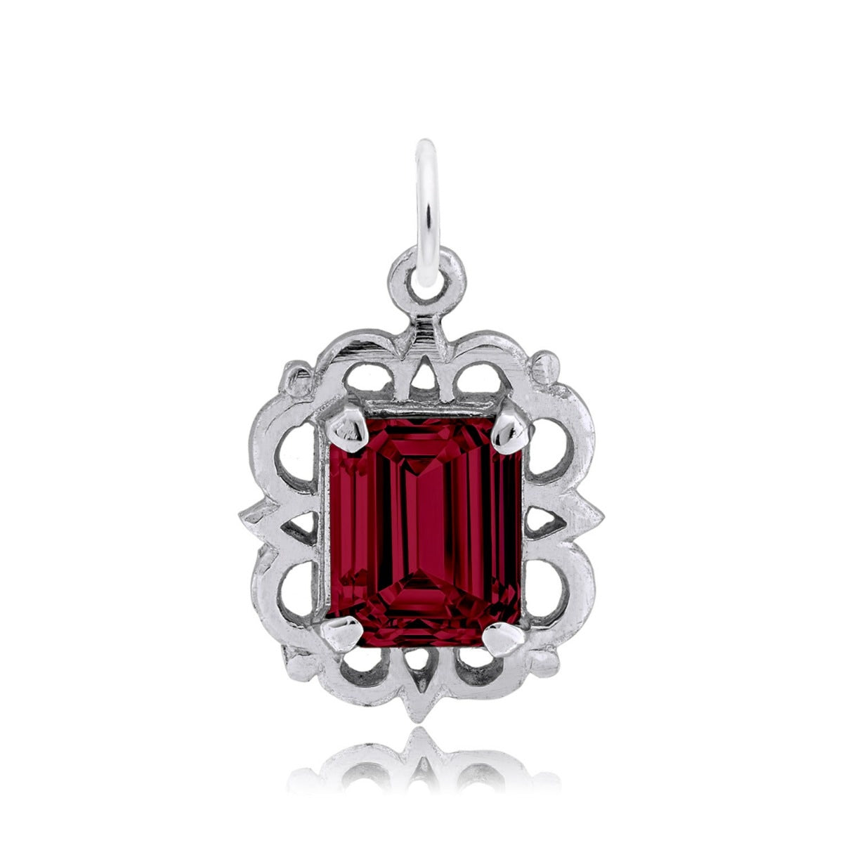 Emerald Cut Red CZ January Birthstone Charm in Sterling Silver