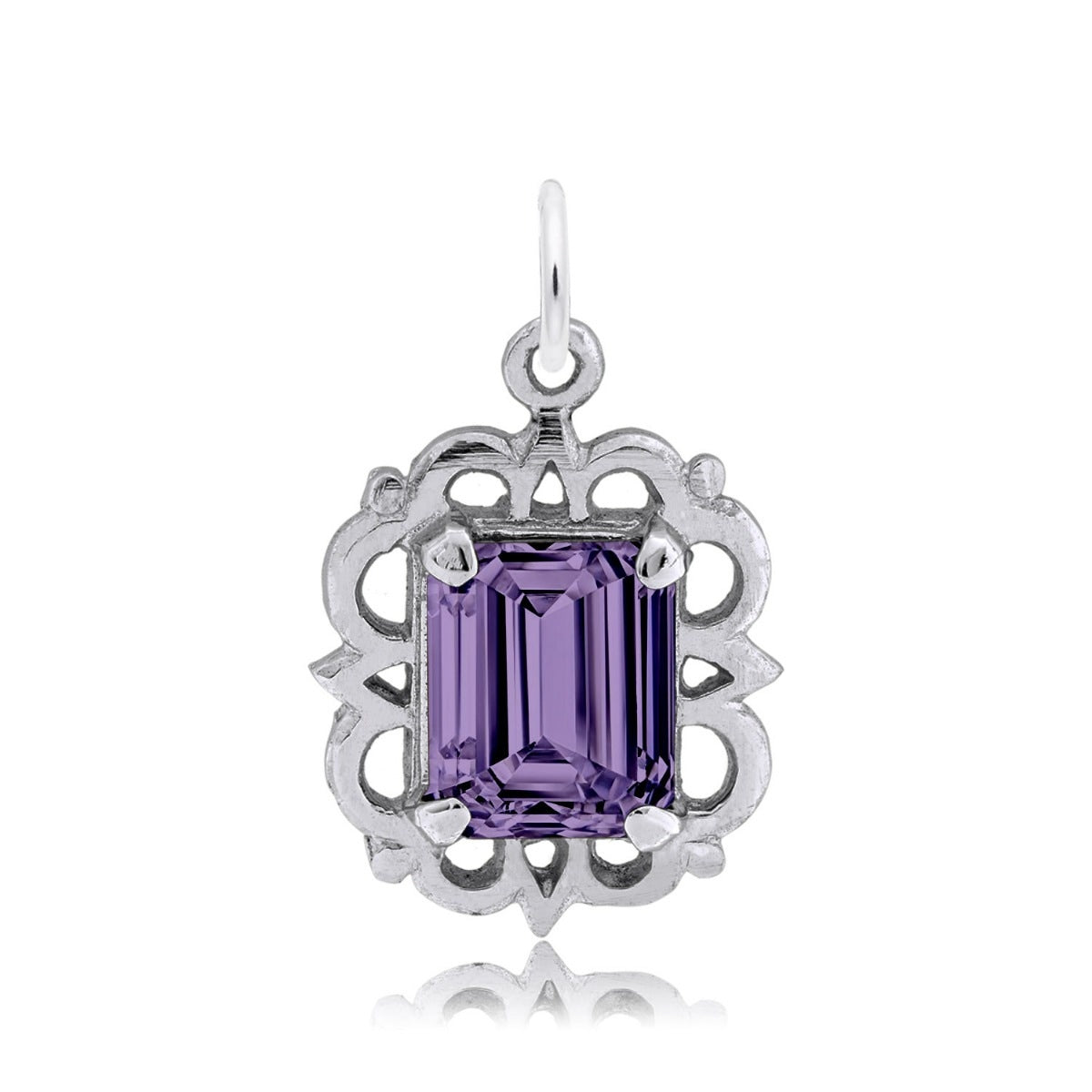 Emerald Cut Purple CZ February Birthstone Charm in Sterling Silver