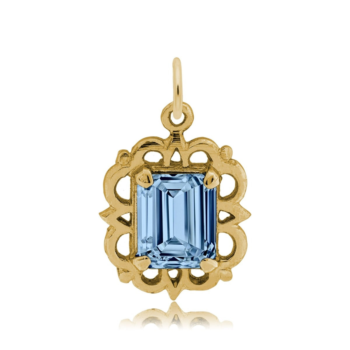 Emerald Cut Blue CZ March Birthstone Charm in 14K Yellow Gold
