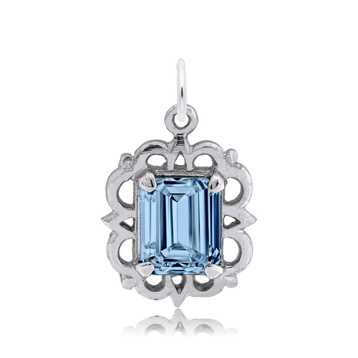 Emerald Cut Blue CZ March Birthstone Charm in Sterling Silver