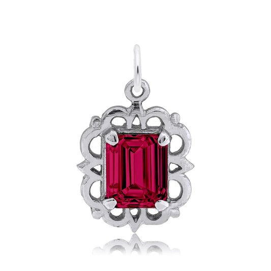 Emerald Cut Red CZ July Birthstone Charm in Sterling Silver