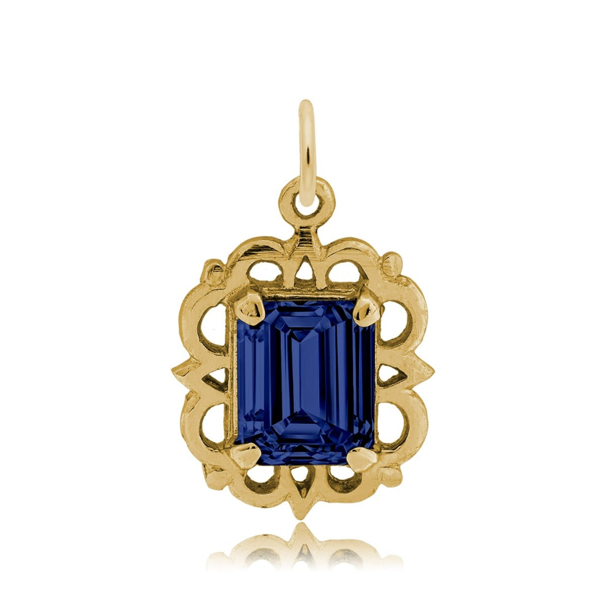 Emerald Cut Blue CZ September Birthstone Charm in 14K Yellow Gold