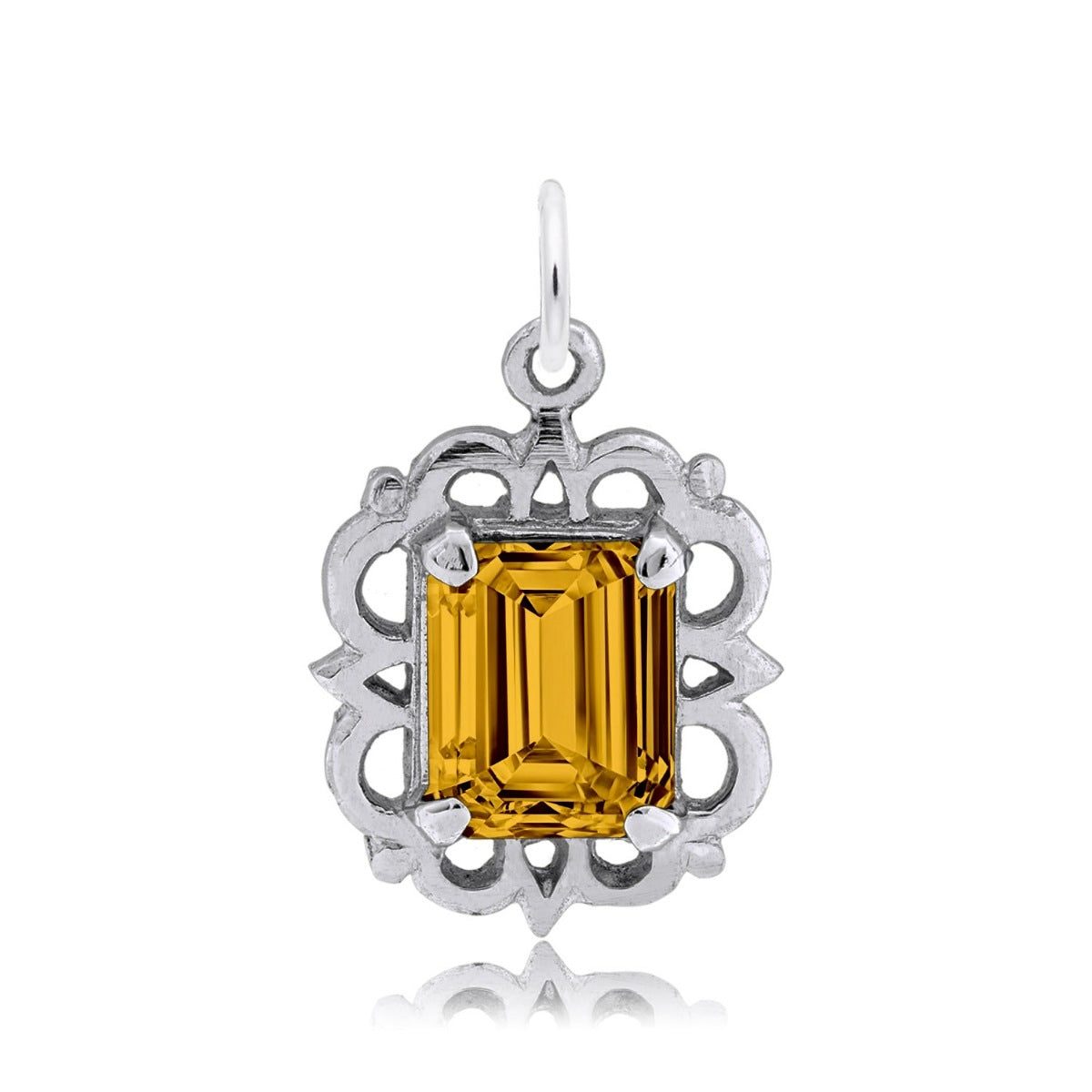 Emerald Cut Yellow CZ November Birthstone Charm in Sterling Silver