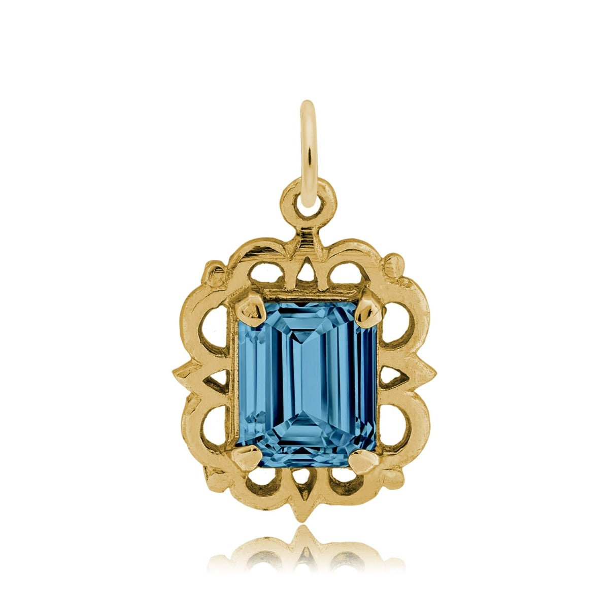Emerald Cut Blue CZ December Birthstone Charm in 14K Yellow Gold