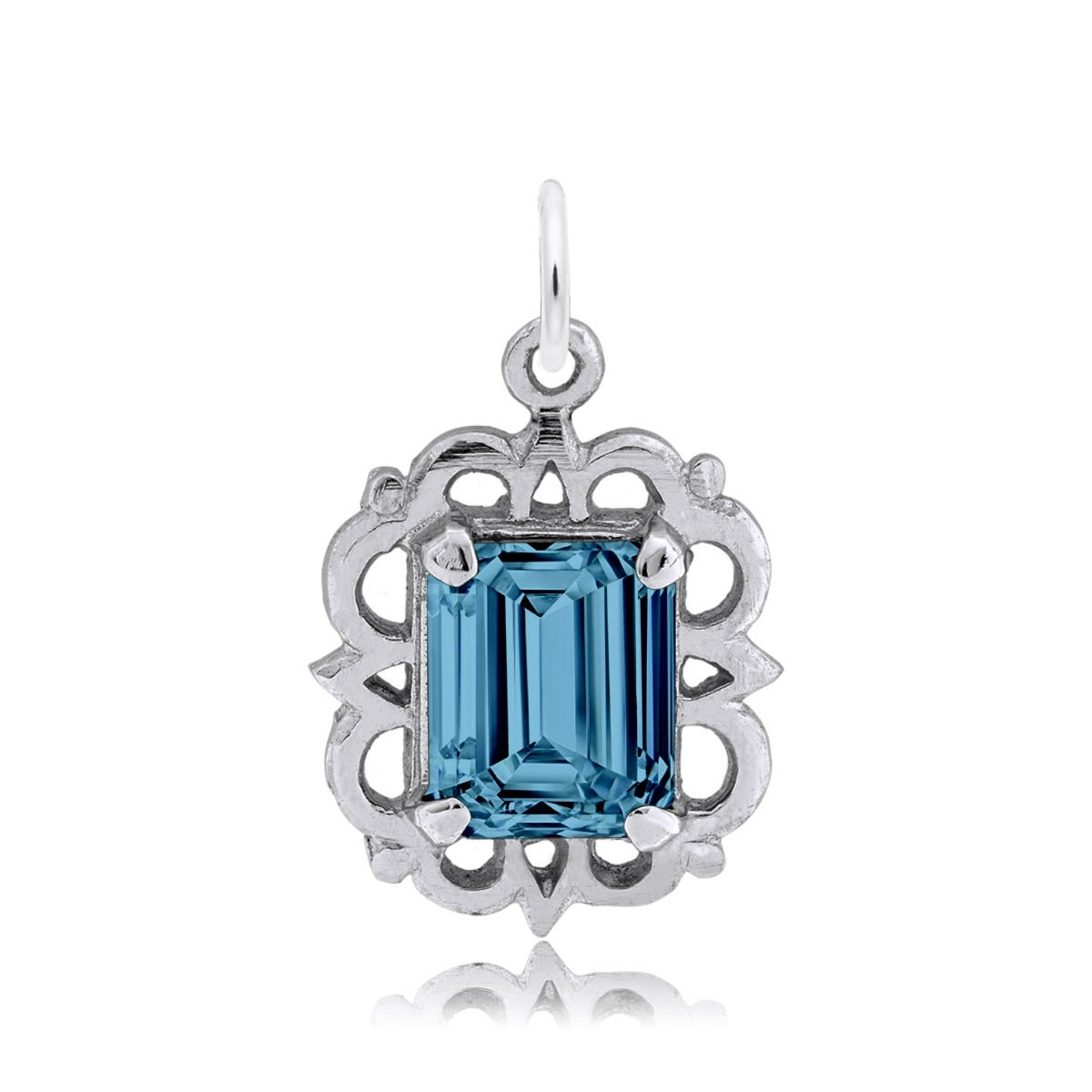 Emerald Cut Blue CZ December Birthstone Charm in Sterling Silver