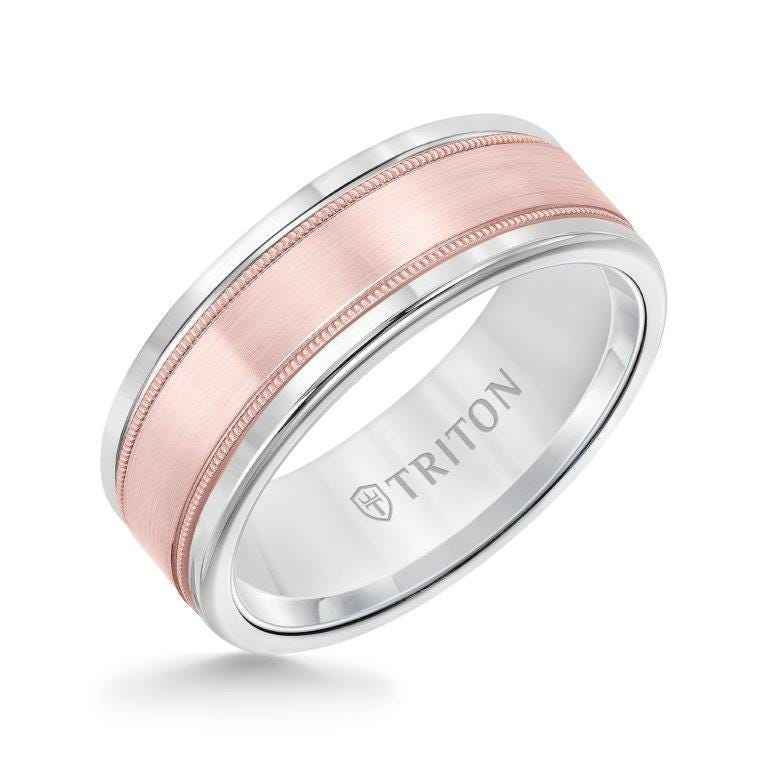 Triton Men's Tungsten Wedding Band with Milgrain Border Detailing in 14K White and Pink Gold