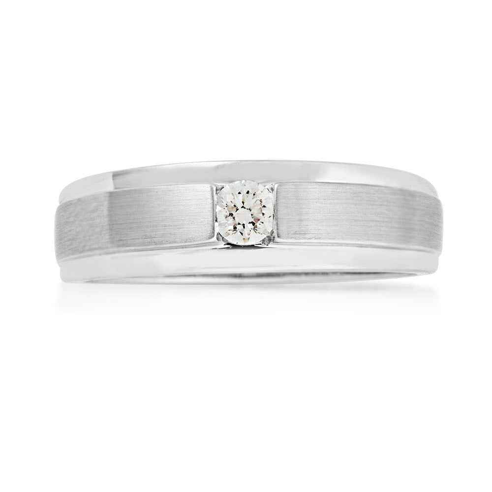 Canadian Rocks Men's 1/5 ct. tw. Round Brilliant Diamond Solitaire Wedding Band with Brushed Center in 10K White front view