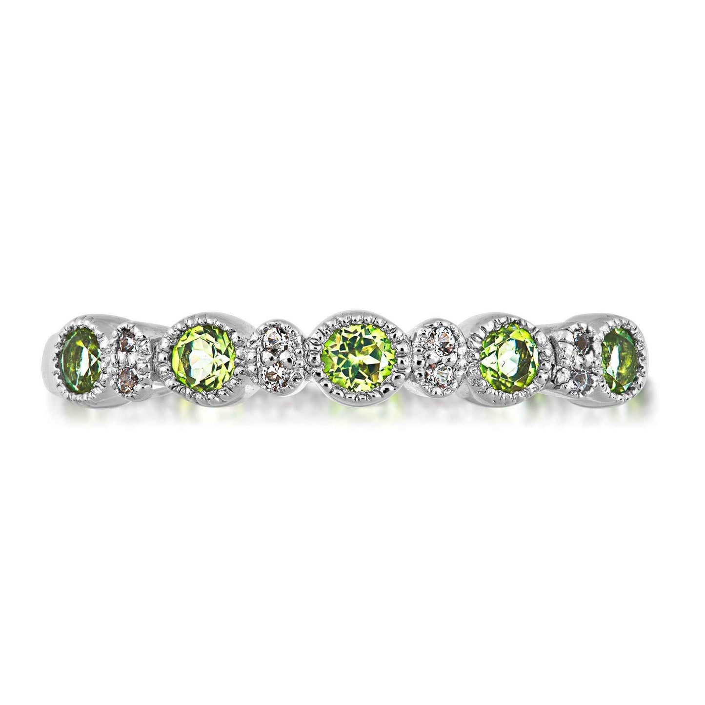 Genuine Round Peridot & Created Round White Sapphire Stackable Ring with Milgrain Halo Accents in Sterling Silver front view