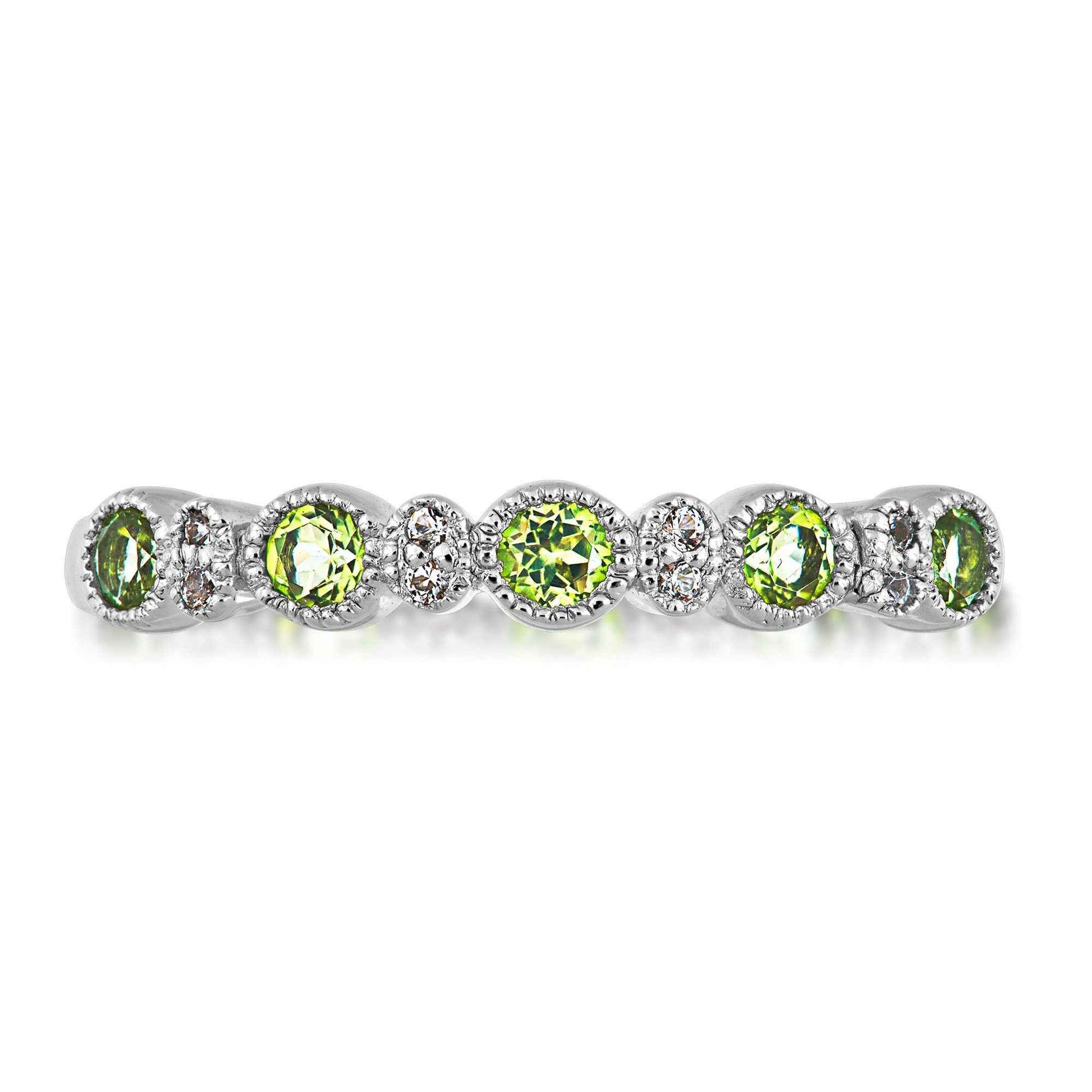 Genuine Round Peridot & Created Round White Sapphire Stackable Ring with Milgrain Halo Accents in Sterling Silver front view