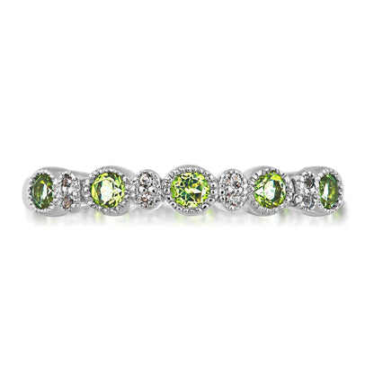 Genuine Round Peridot & Created Round White Sapphire Stackable Ring with Milgrain Halo Accents in Sterling Silver front view