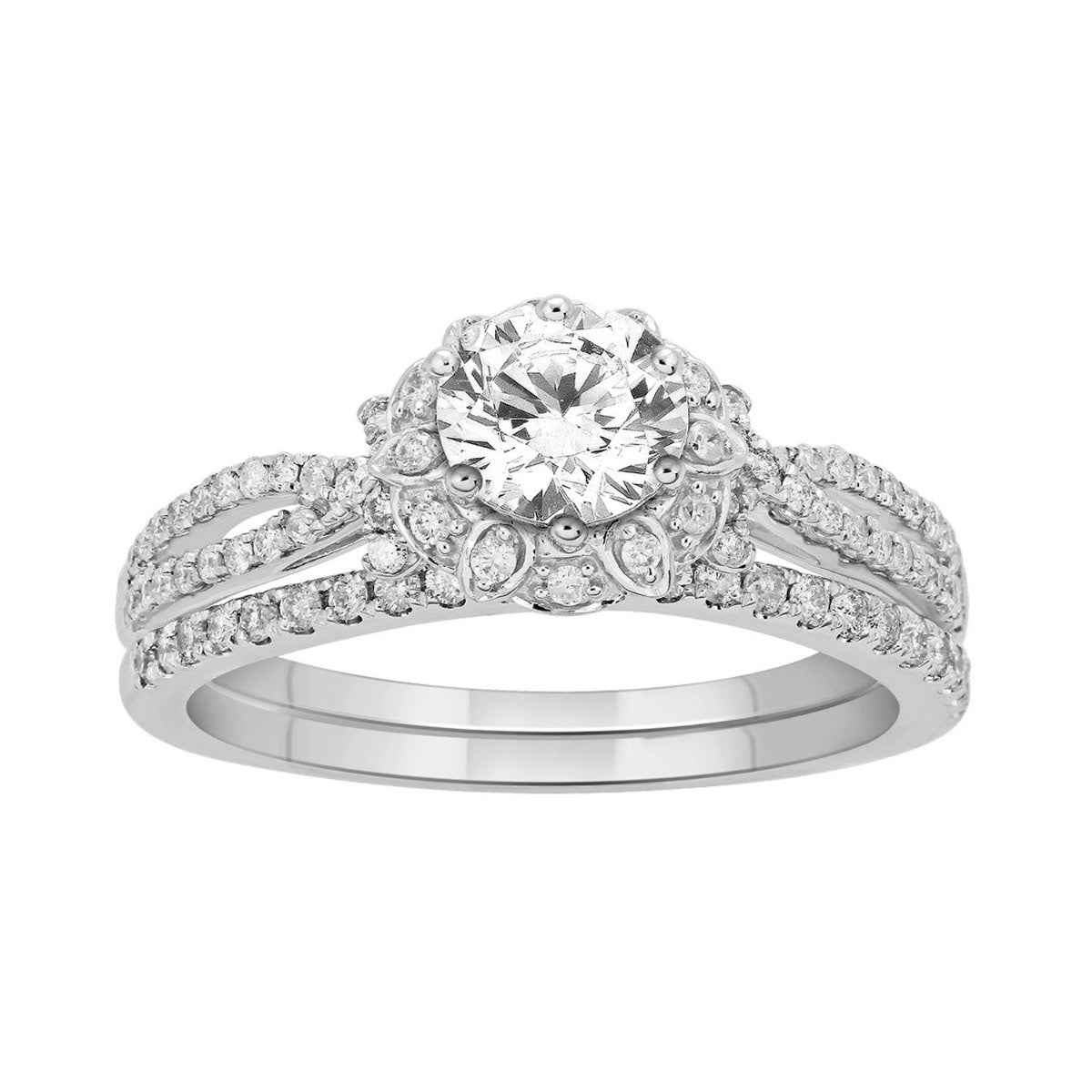 Elegance 9/10 ct. tw. Round Diamond Floral Halo Wedding Set in 14K White Gold
