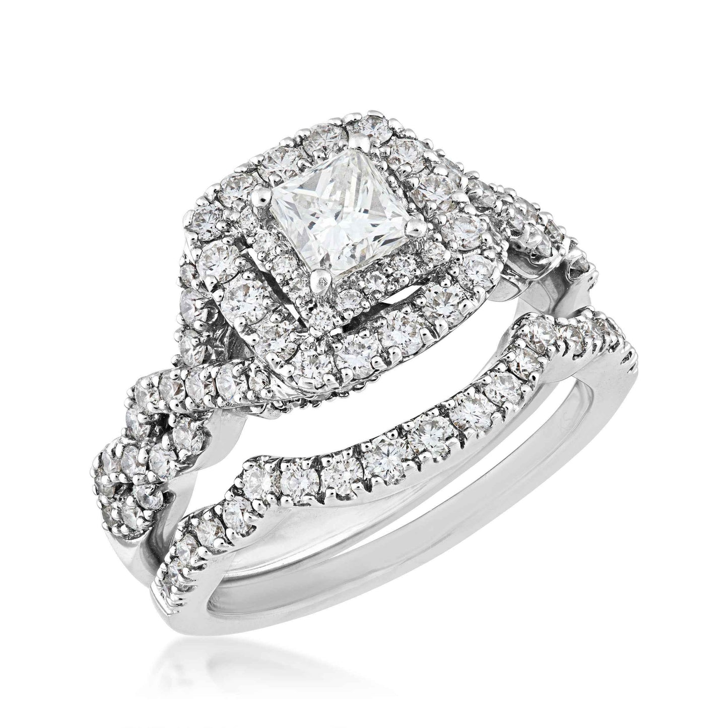Natural 1-3/4 ct. tw. Princess Cut Diamond Double Halo Twist Wedding Set in 14K White Gold close-up detail