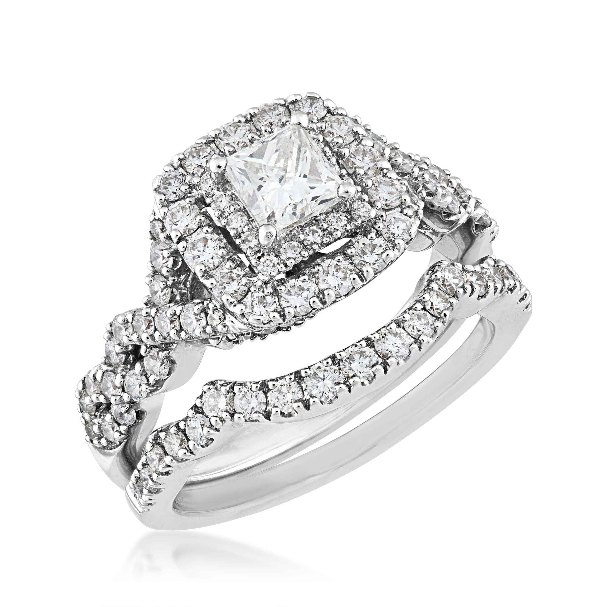 Natural 1-3/4 ct. tw. Princess Cut Diamond Double Halo Twist Wedding Set in 14K White Gold close-up detail