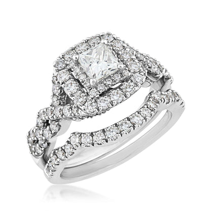 Natural 1-3/4 ct. tw. Princess Cut Diamond Double Halo Twist Wedding Set in 14K White Gold close-up detail