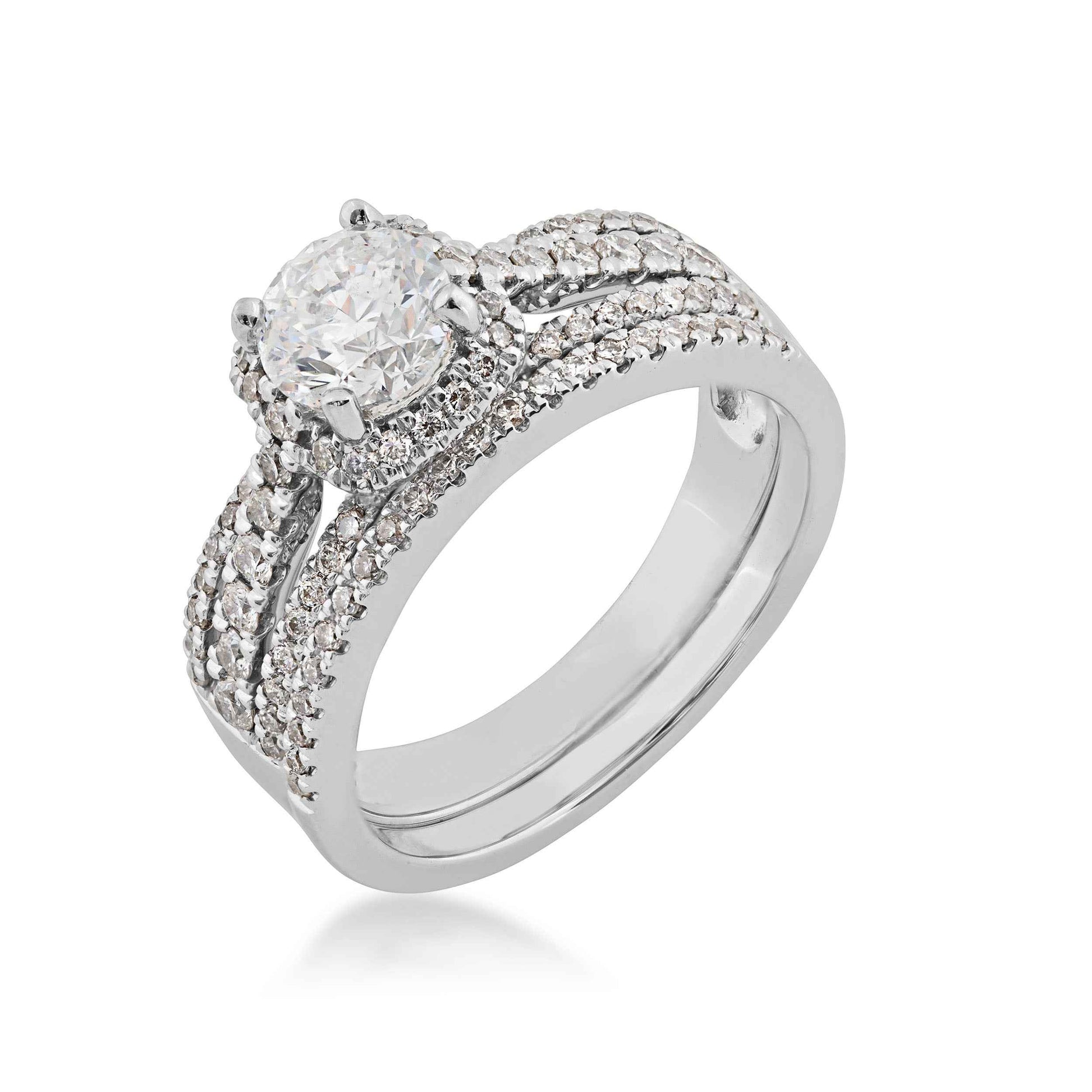 Noventa 1-3/8 ct. tw. Round Brilliant Wedding Set with Pave Halo & Band in 14K White Gold front view