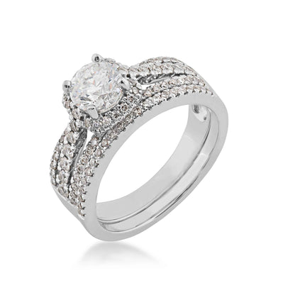 Noventa 1-3/8 ct. tw. Round Brilliant Wedding Set with Pave Halo & Band in 14K White Gold front view
