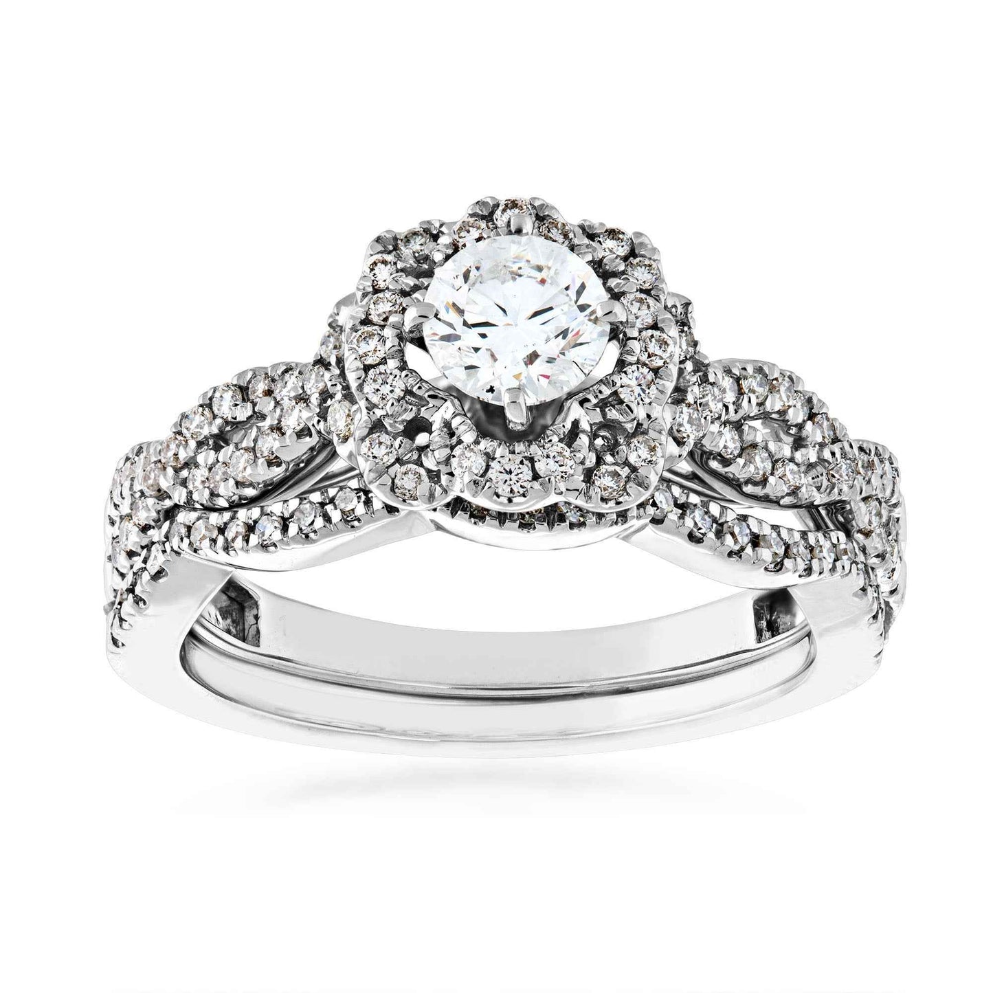 Elegance 7/8 ct. tw. Round Diamond Flower Inspired Halo Wedding Set with Twisted Band in 14K White Gold