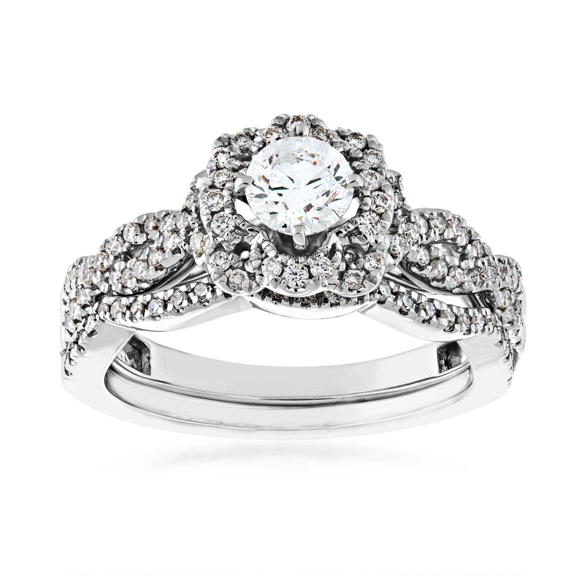Elegance 7/8 ct. tw. Round Diamond Flower Inspired Halo Wedding Set with Twisted Band in 14K White Gold