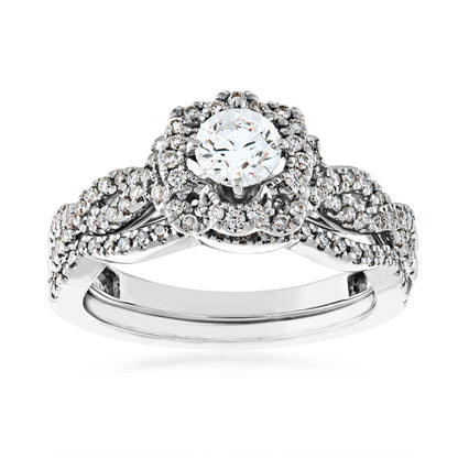 Elegance 7/8 ct. tw. Round Diamond Flower Inspired Halo Wedding Set with Twisted Band in 14K White Gold
