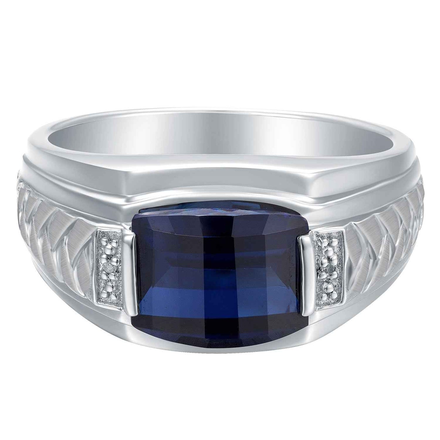 Men's Created Barrel Cut Blue Sapphire Ring with .01 ct. tw. Diamond Accents & Braided Center Band Design in Sterling Silver