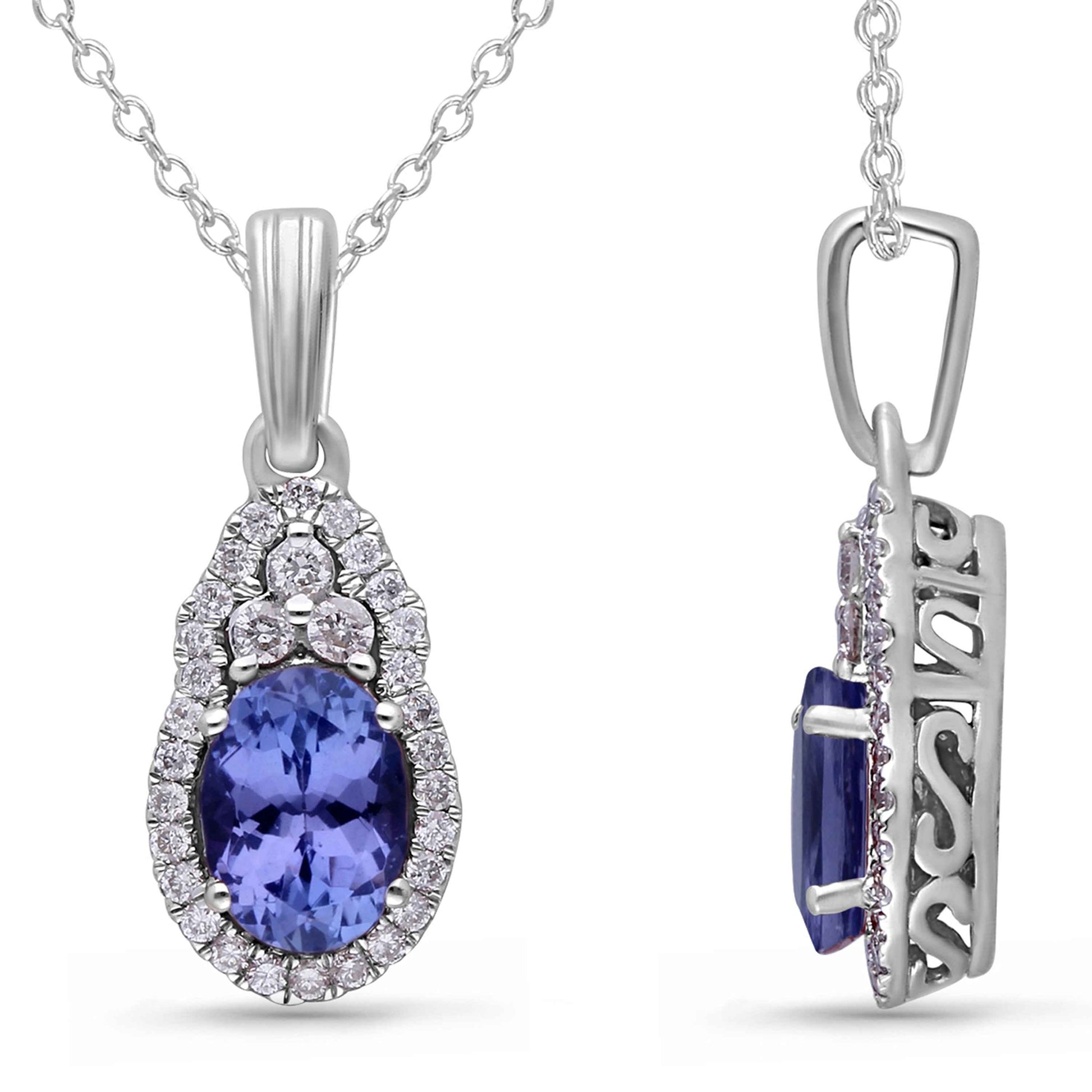 Kallati Oval Tanzanite & 1/8 ct. tw. Diamond Halo Pendant in 14K White Gold
