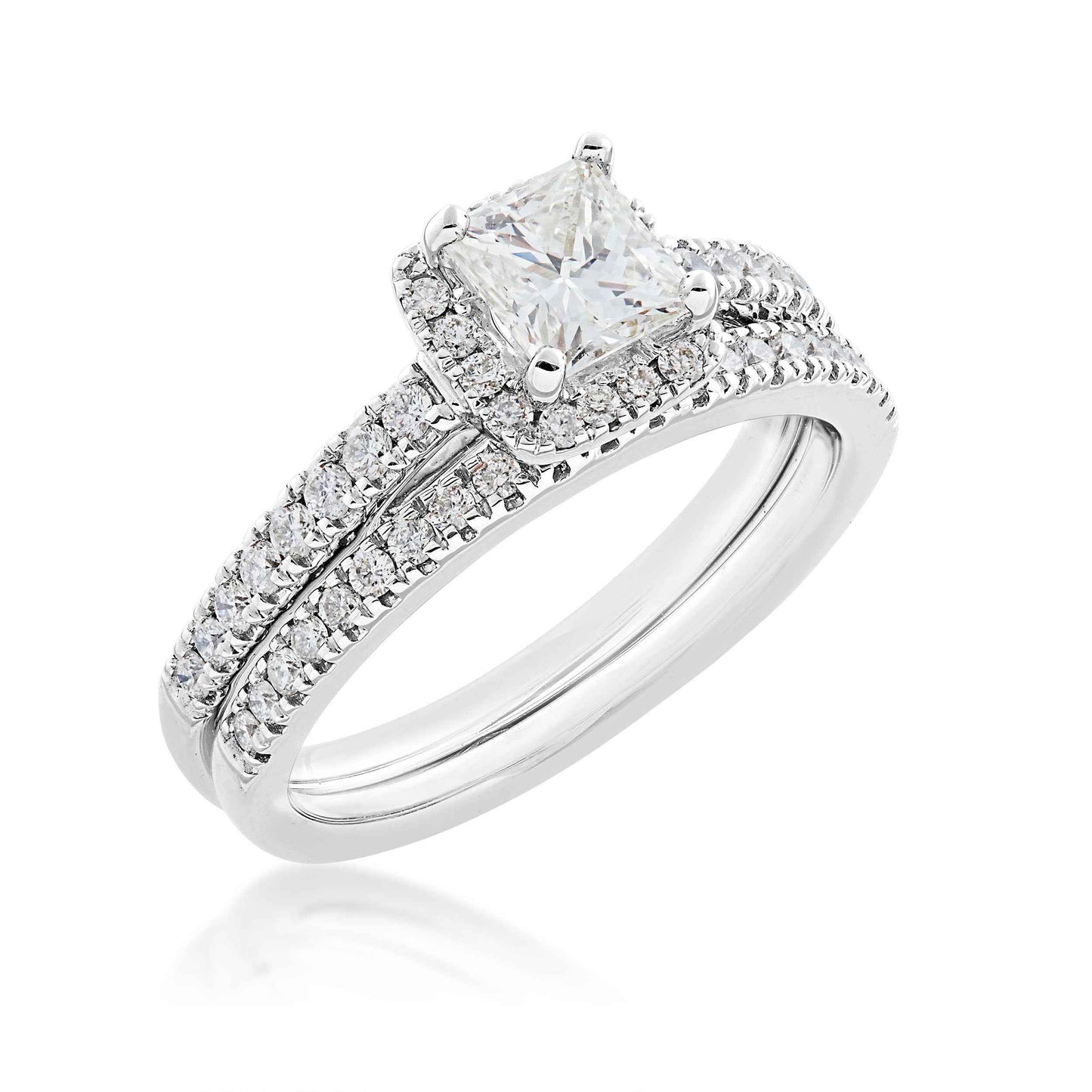 Noventa 1 1/4 ct. tw. Princess Cut Diamond Halo Wedding Set with Undercarriage Cutout in 14K White Gold front view