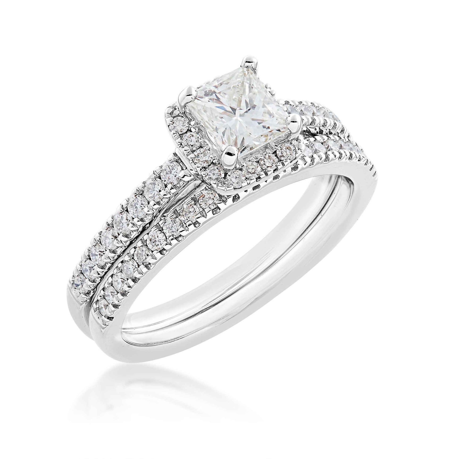 Noventa 1 1/4 ct. tw. Princess Cut Diamond Halo Wedding Set with Undercarriage Cutout in 14K White Gold front view
