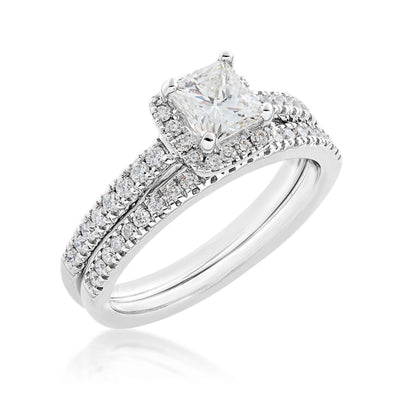Noventa 1 1/4 ct. tw. Princess Cut Diamond Halo Wedding Set with Undercarriage Cutout in 14K White Gold front view