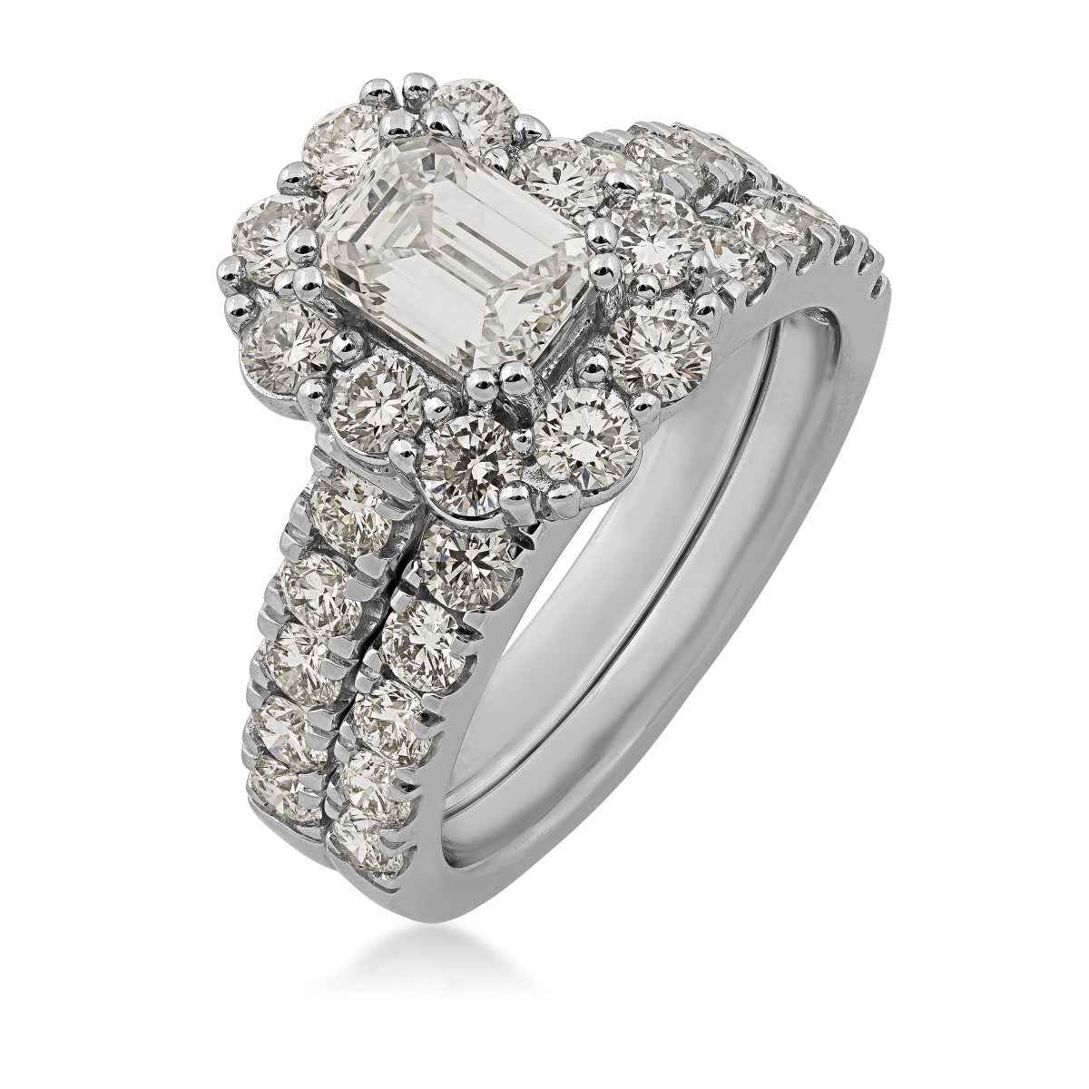 Adamante 3 ct. tw. Lab-Grown Emerald Cut Diamond Halo Wedding Set in 14K White Gold front view