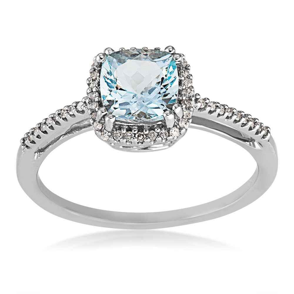 Genuine Cushion Cut Aquamarine & 1/10 ct. tw. Round Diamond Halo Ring in 10K White Gold