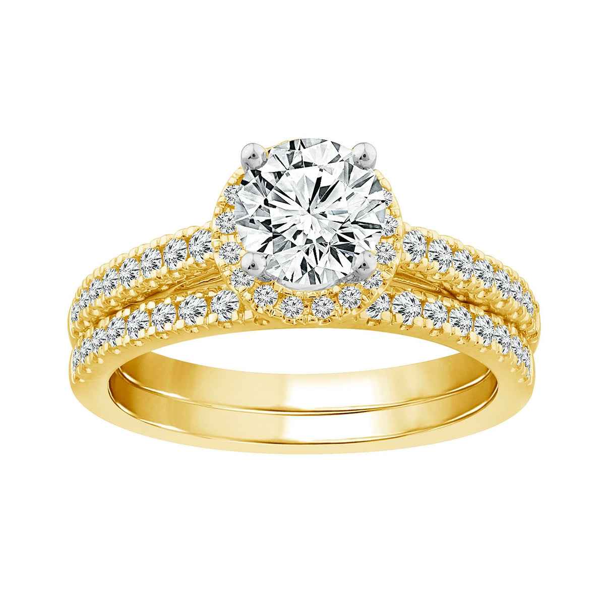 Noventa 1-1/4 ct. tw. Round Brilliant Diamond Halo Wedding Set in 14K Yellow Gold