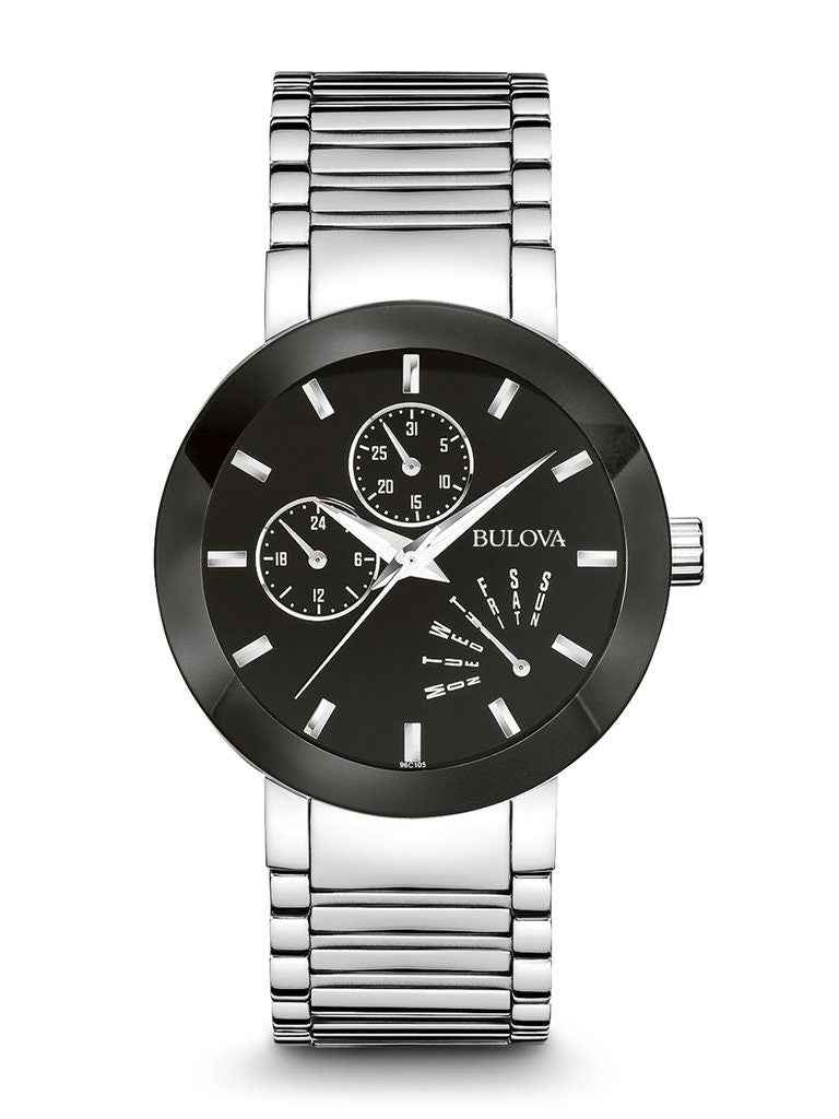 Bulova Modern Collection Men's Multi-Function Watch with Black Enamel Dial & Retrograde Day Indicator in Stainless Steel