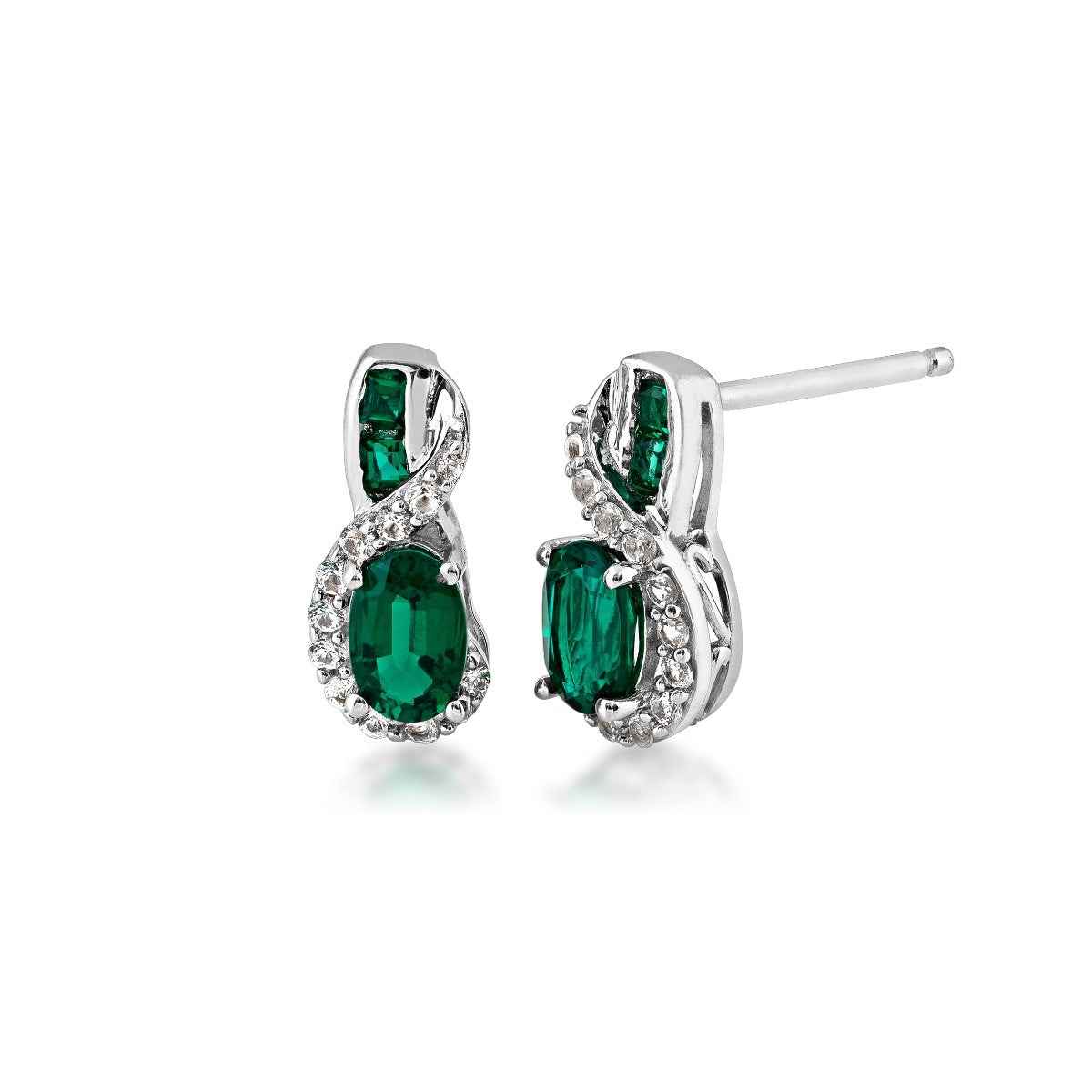 Created Oval Emerald and White Sapphire Earrings in Sterling Silver