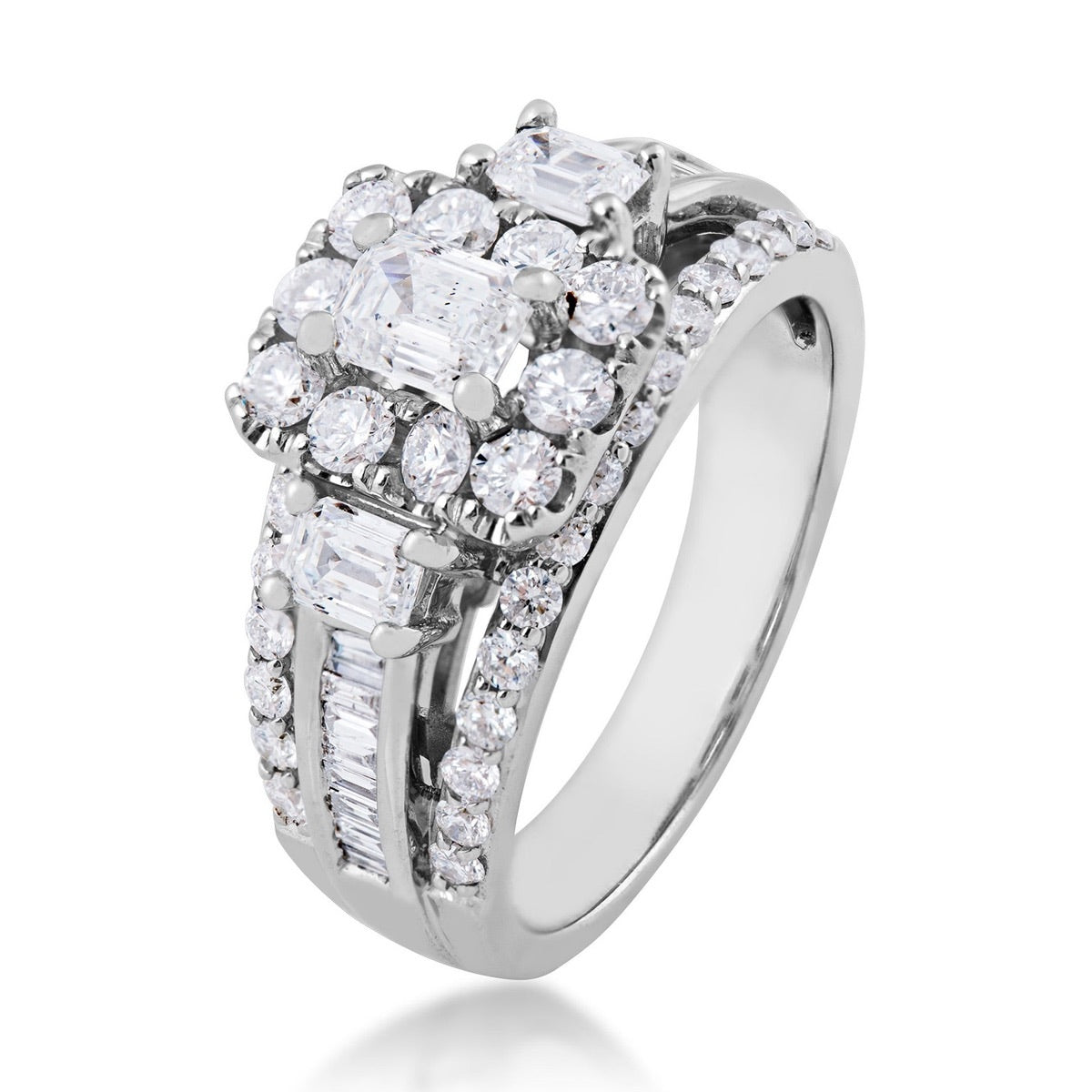 Amaura 2 ct. tw. Emerald Cut Diamond Halo Engagement Ring with Round & Straight Baguette Diamond Band in 14K White front view