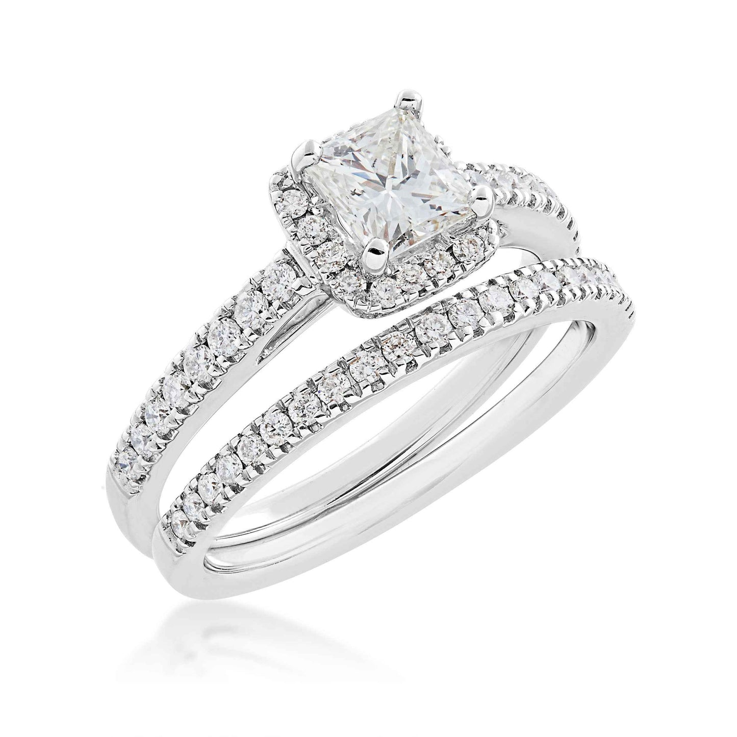 Noventa 1 1/4 ct. tw. Princess Cut Diamond Halo Wedding Set with Undercarriage Cutout in 14K White Gold close-up detail