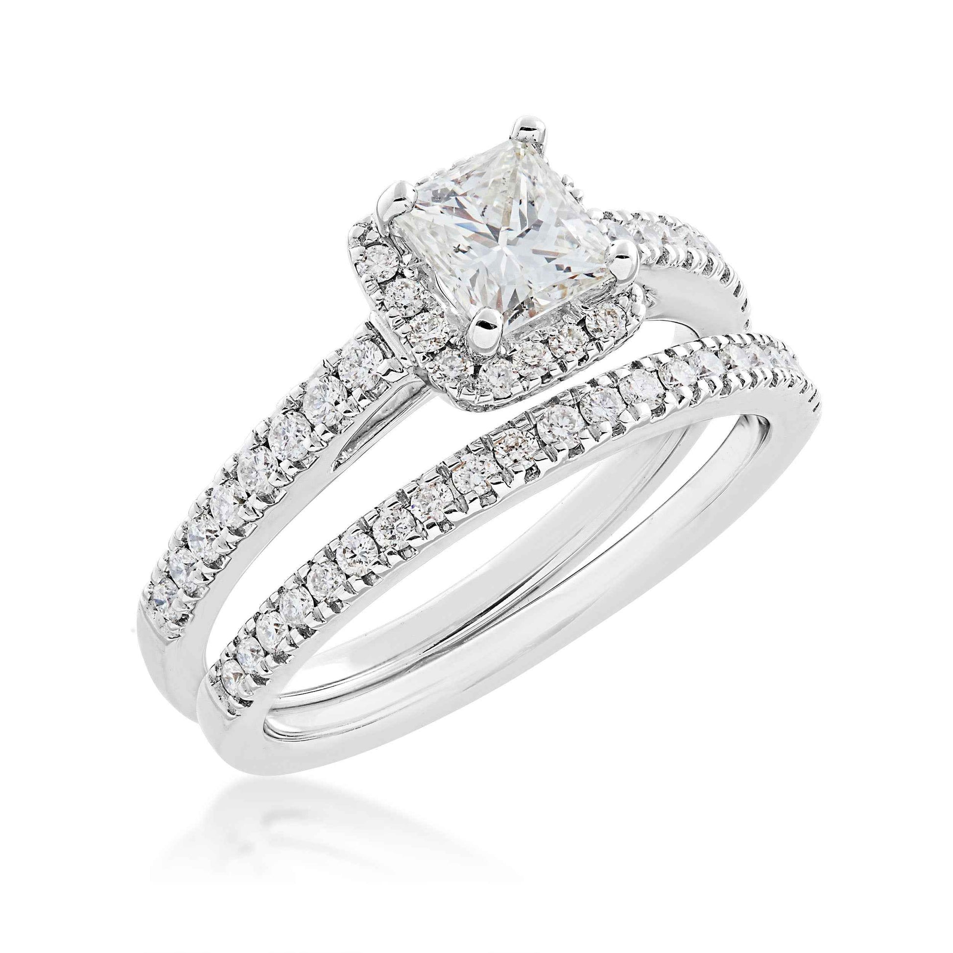 Noventa 1 1/4 ct. tw. Princess Cut Diamond Halo Wedding Set with Undercarriage Cutout in 14K White Gold close-up detail