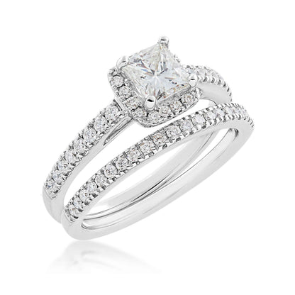 Noventa 1 1/4 ct. tw. Princess Cut Diamond Halo Wedding Set with Undercarriage Cutout in 14K White Gold close-up detail